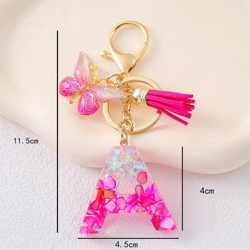 Gradient Pink Jewelry Letter Keyring Resin Letter Keychain with Fringe Butterfly DIY Bag Decoration Pendant Party Gift