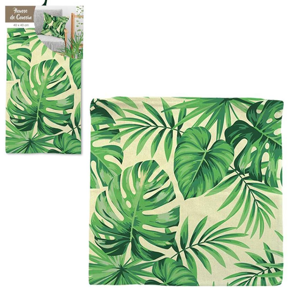 Les Trésors De Lily [Q2185] - Bavlněný povlak na polštář 'Jungle' béžovo-zelený (tropické listy) - 40x40 cm
