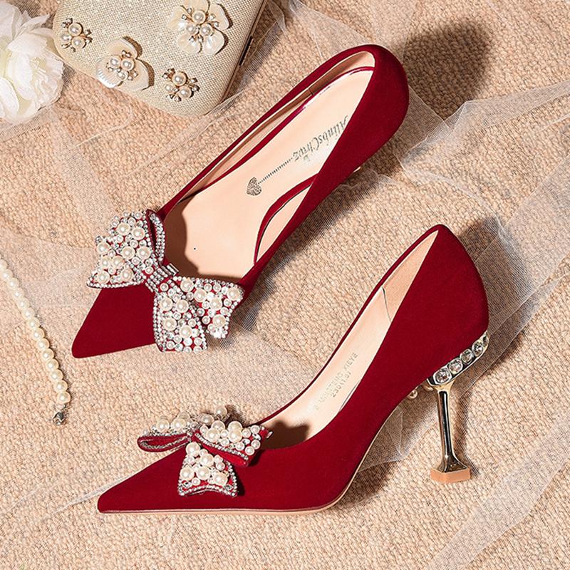 Fashion Chic Beads Bow-knot Wedding Shoes Woman Pumps Pointed Toe Flock Talons Hauts Crystal Metal Stiletto High Heels Shoes Women 2025