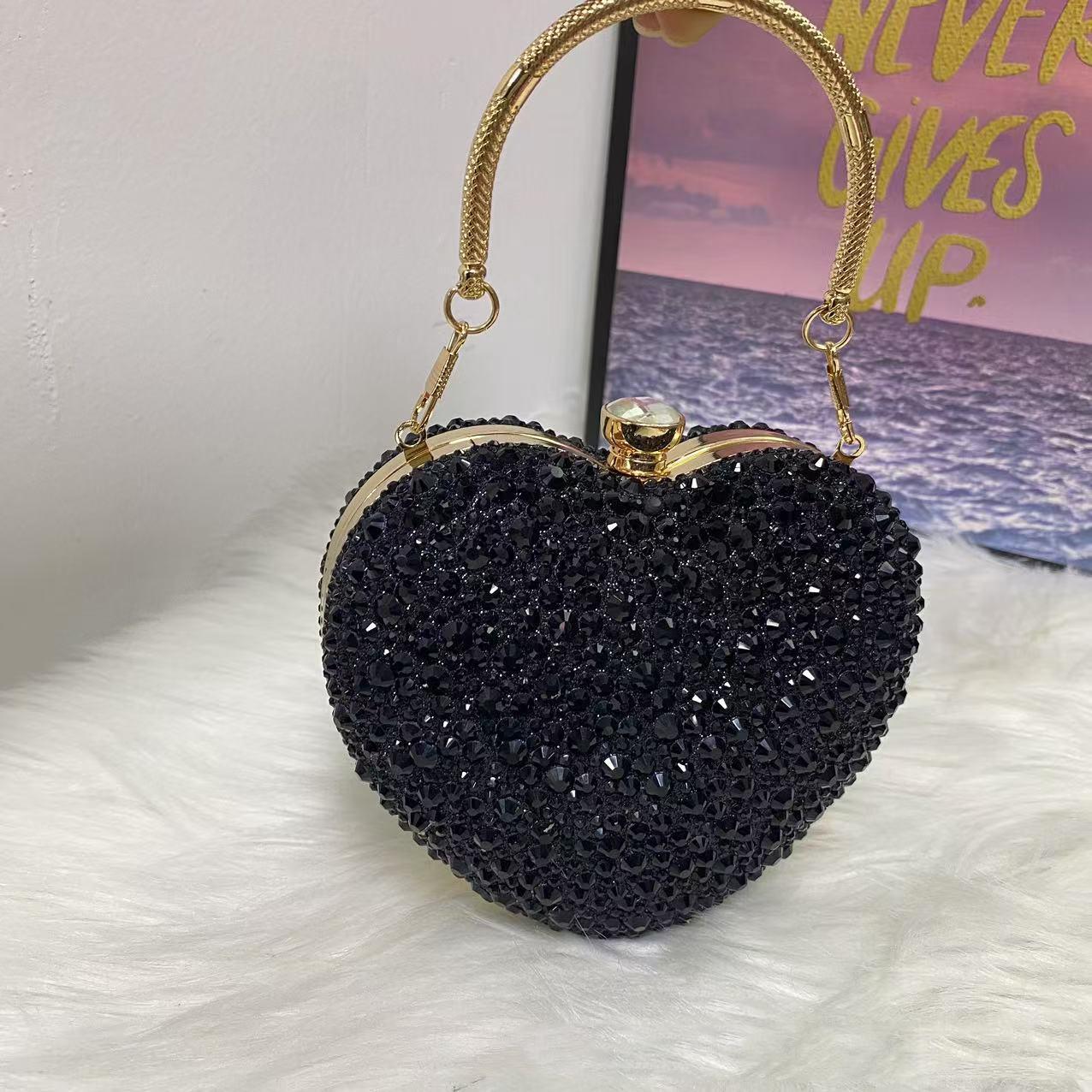 

Luxury Heart Shape Diamond Crystal Evening Clutch Purse Stones Rhinestone Mini Handbag for Wedding Party Shoulder Bag Handle 14cmX11cmX7cm чёрный
