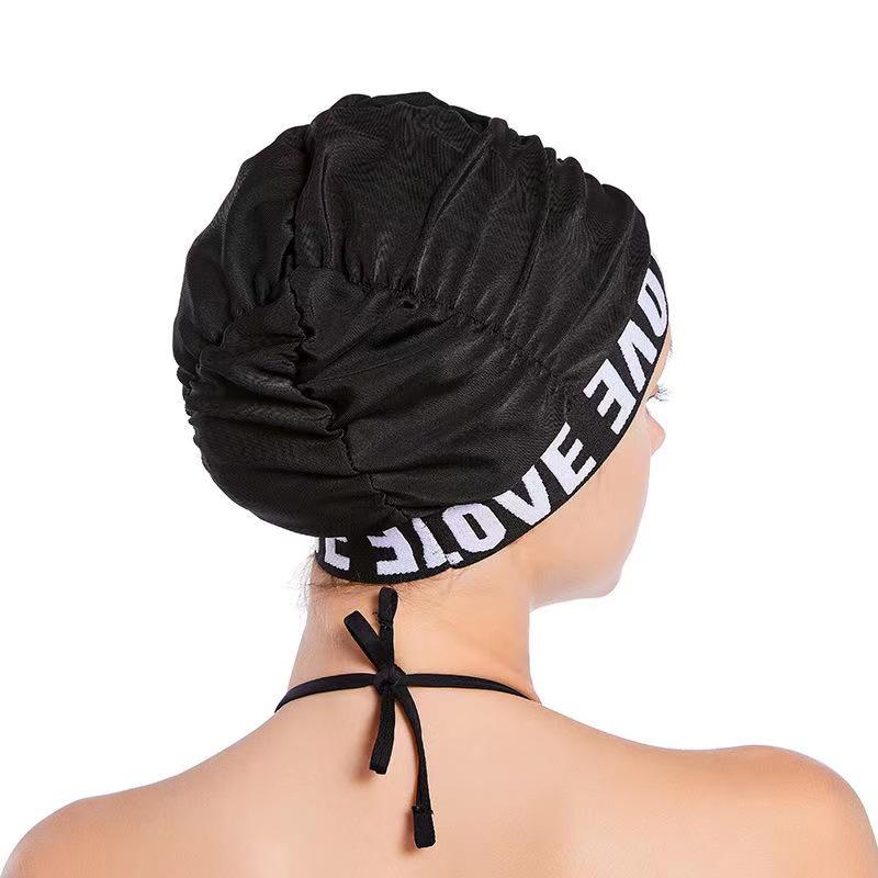 Damen Plissee Badekappe: Bequem, Koreanischer Stil, Buchstaben-Design, Für langes Haar geeignet, Ohrenschutz, Vergrößerte Passform, Nicht einschnürend, Thermen-geeignet.