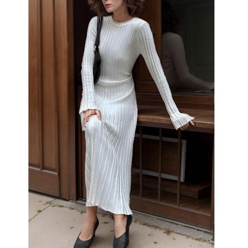 

Cross-Border Western Style Spring and Autumn New round Neck Solid Slim fit Knitted Sunken Stripe Slimming Long sleeve dress Base Skirt Women White XL