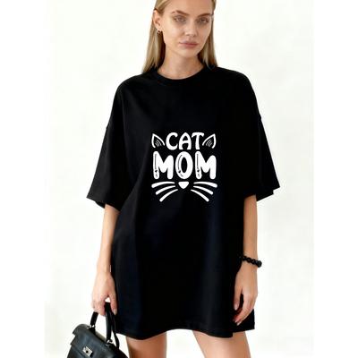 Oversized T Shirt Black Cat Mom Print With Cat Ears And Whiskers For Casual Wear And Pet Lover Outfits