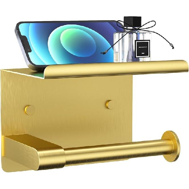 Matte Black Toilet Paper Holder with Shelf, Fits Mega Rolls, Rustproof Stainless Steel, Self Adhesive Wall Mount Toilet Paper Roll Holder, for