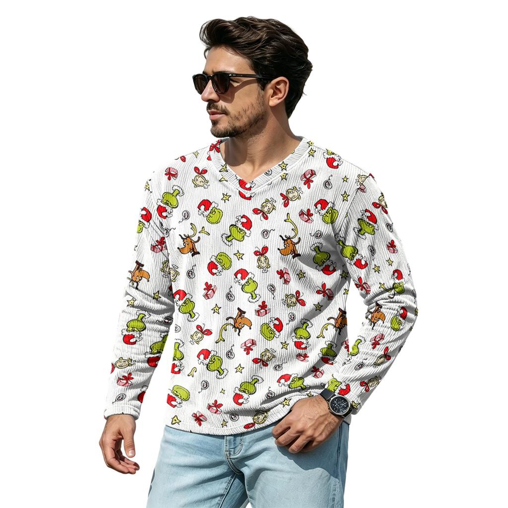Men's Casual Loose Fit V-Neck Shirt with Christmas Print for Holiday Occasions