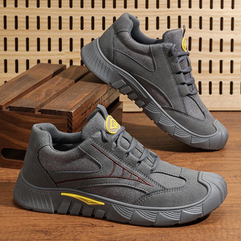 Fashion Men's 2025 Canvas Safety Work Shoes Lace-Up Breathable Non-Slip Shock Absorbing Durable Casual Sneakers for Labor Protection