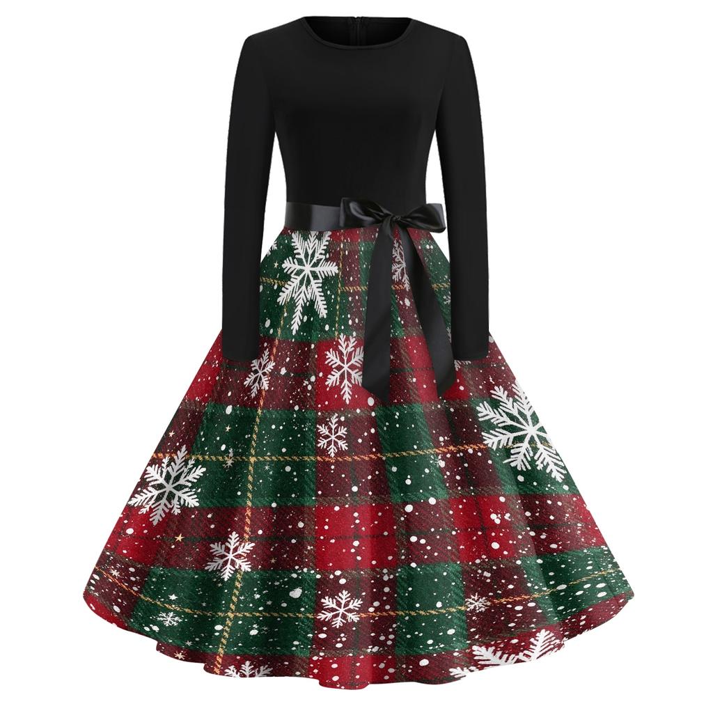 Women's Casual Christmas Print Dress with Neck, Vintage Holiday Dress