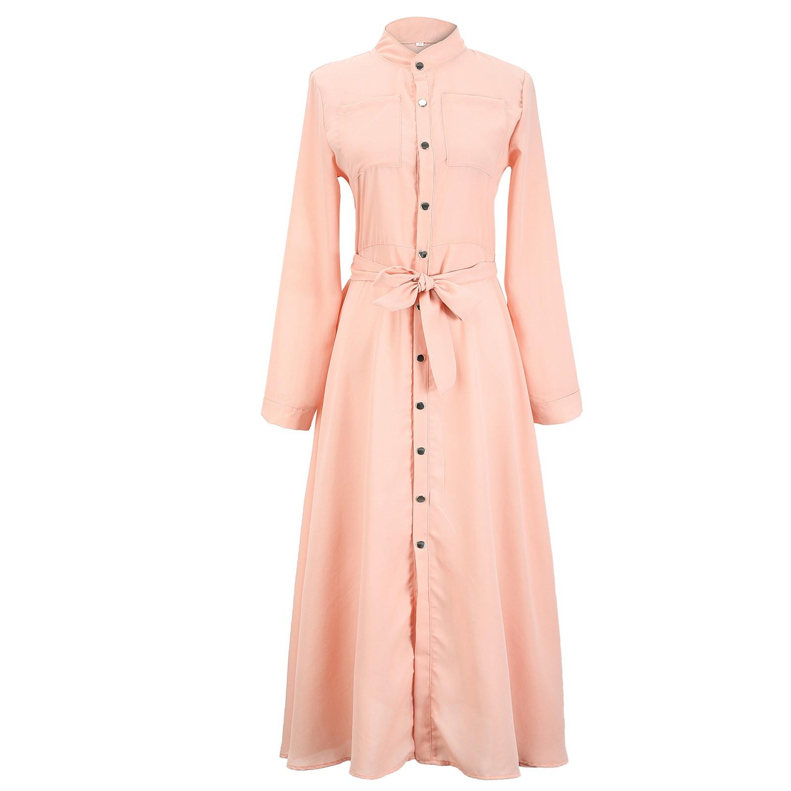 Women s Casual Fashion Sexy Slim Fit Long Sleeve Button Long Dress XXL розовый