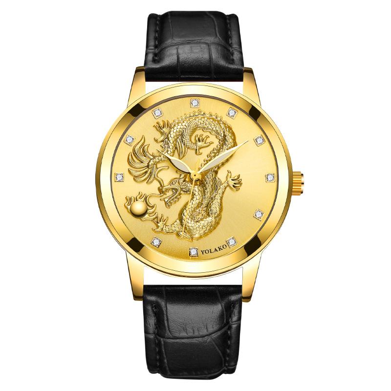 Chinese Style Fashion Diamond-encrusted Waterproof Gold Dragon Pattern Men's Watch Men's Watch Belt Watch Quartz Watch
