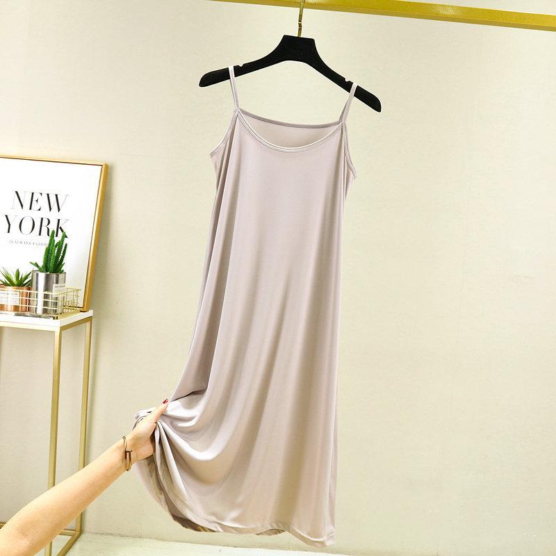 Women's summer simulated silk thin large size solid color nightdress thin sleeveless pregnant women's belly cover dress can be worn outside