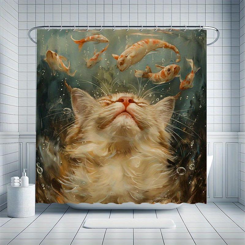 Whimsical Cat Shower Curtain Set, Floating Feline With Koi, Oil Painting Style, Waterproof Polyester, Modern Bathroom Decor
