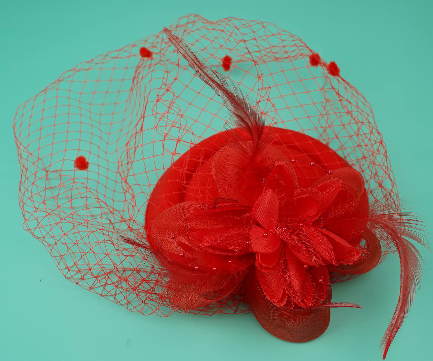 Modern Ladies Bridal Fascinator Beret with Mesh, Feather, and Floral Accent красный