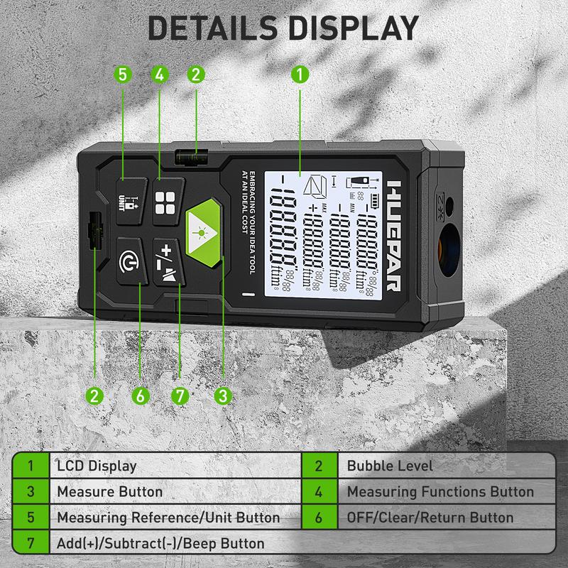 

Huepar Laser Distance DM 50M/80M/100M/120M Rangefinder Profesional Meter Laser Range Finder Ruler Test Tool M/in/Ft Angle Sensor 80m