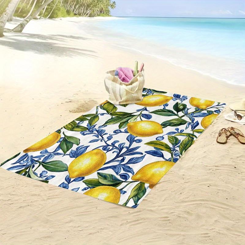 1pc Vintage Botanical Lemon & Leaf Beach Towel - Glossy Yellow Lemons with Swirling Green Foliage on White, Soft Microfiber