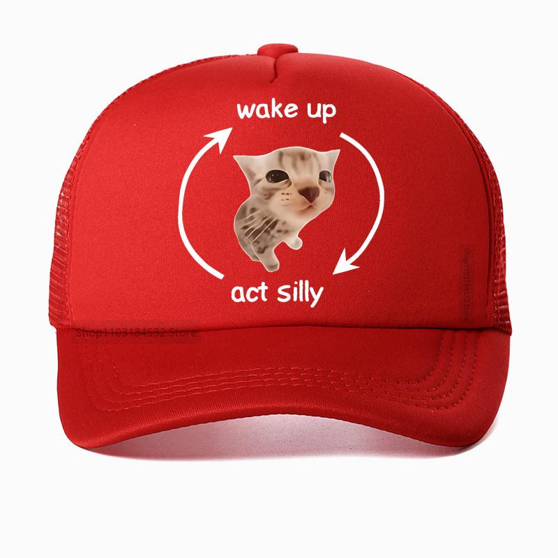 Funny Wake Up Act Silly Cat Print Graphic Baseball Cap Hip Hop Summer Mesh Breathable Trucker Hat Casual Fashion Adjustable