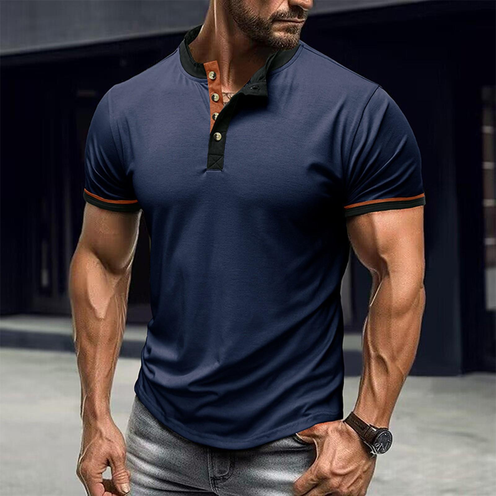 

Men s Summer Matching Color Outdoor Round Neck Open Tube Short Sleeve Bottoming T-Shirt Top L Темно-синій