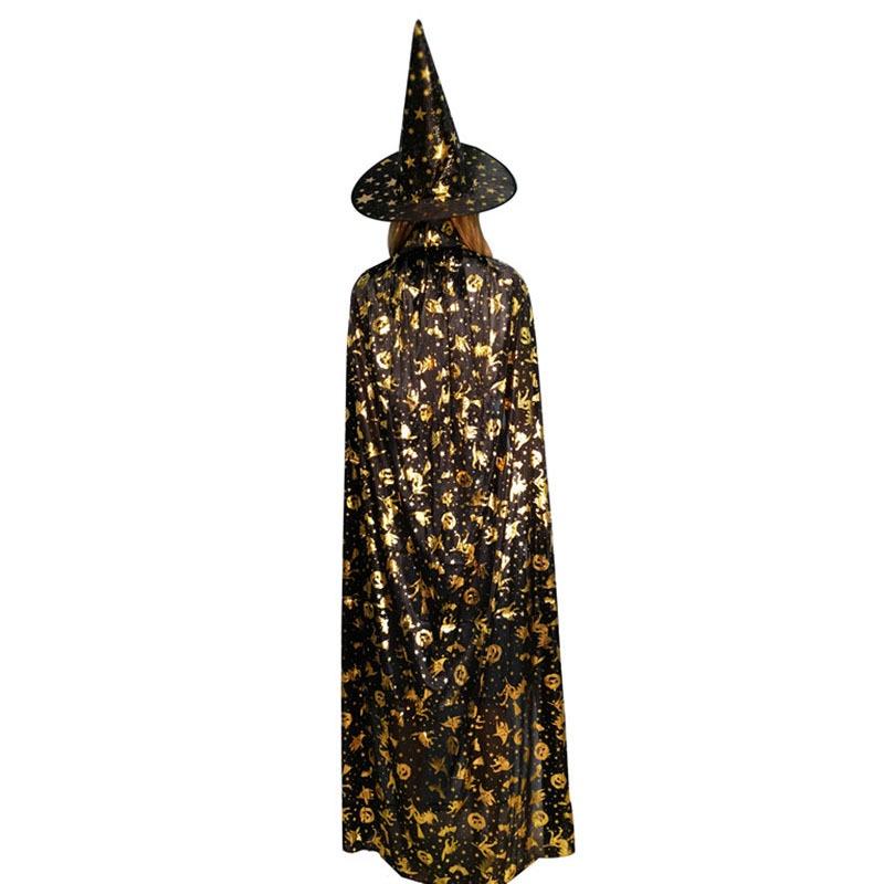 Halloween Cloak Costume For Children And Adults Golden Witch Cape With Sewn Craft Wizard Five-star Hat Black