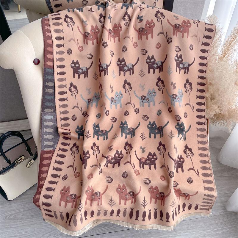 Warm Cashmere Poncho Shawl Scarf Luxury Cat Print Thick Pashmina Winter Blanket Wraps Bufanda Casual Stoles Echarpe