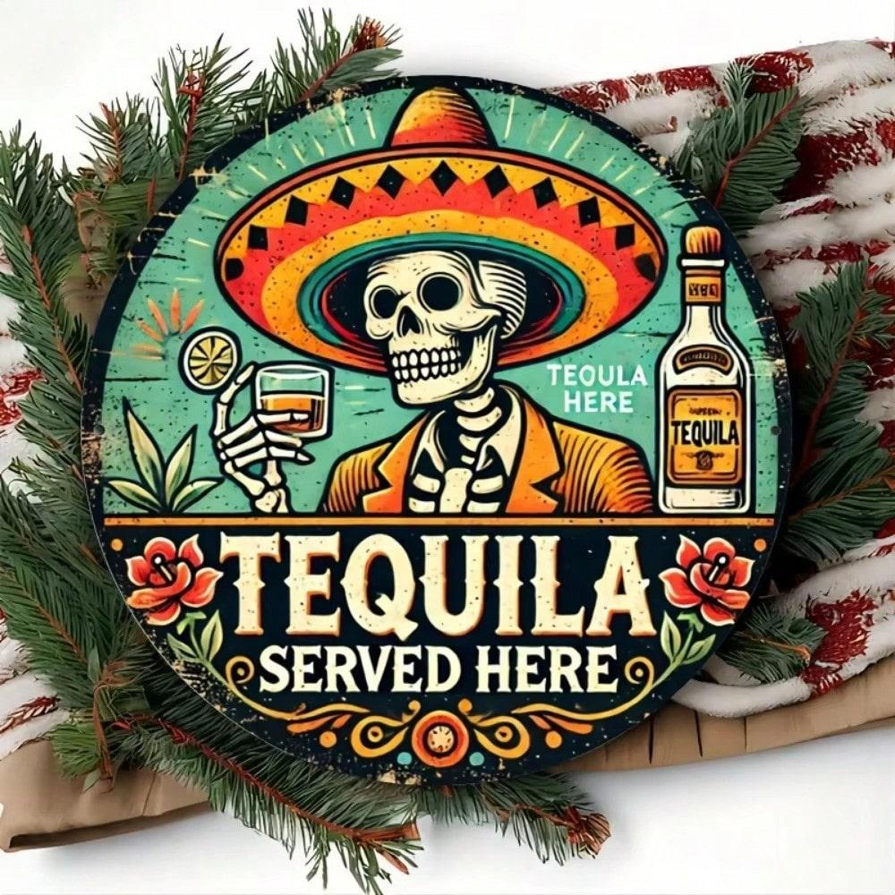 Mfoever Tin Sign Vintage Tequila Served Here Metal Tin Sign Retro Mexican Sugar Skull Sombrero Round Wall Art Decor Classic Bar Pub Tequila Bot