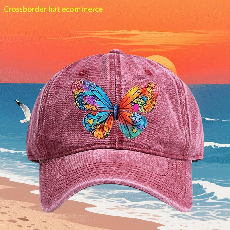 Colorful Butterfly Print Washed Baseball Cap Retro Style Polyester Adjustable Casual Outdoor Hat Unisex