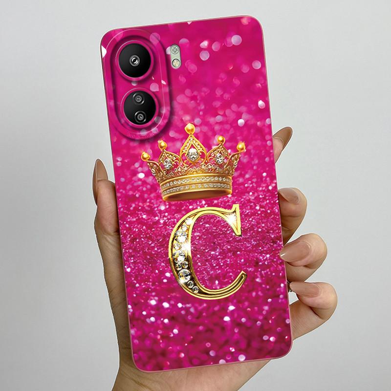 For Xiaomi Redmi 13C 4G Phone Case 13C Crown Initial Letter Silicone Soft Back Cover For Redmi 13C 13 C 4G Poco C65 Coque Capa