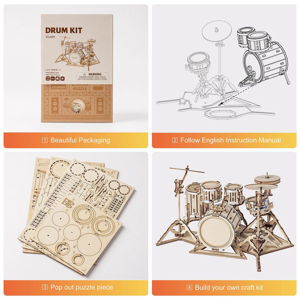 Robotime 3D Puzzle Wooden Puzzle Craft Gift Toy Educational Toy for Boys Girls Adults Preschool Gift New Year Birthday Christmas Present Gift Drum Set