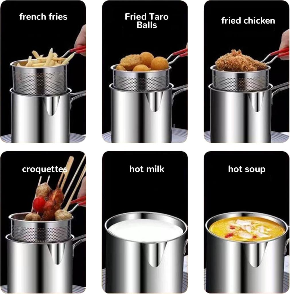 304 Stainless Steel Deep Fryer Pot with Basket All in One Kit Includes Strainer Tongs Lid Anti Slip Base Anti Scalding Silicone Handle for Home