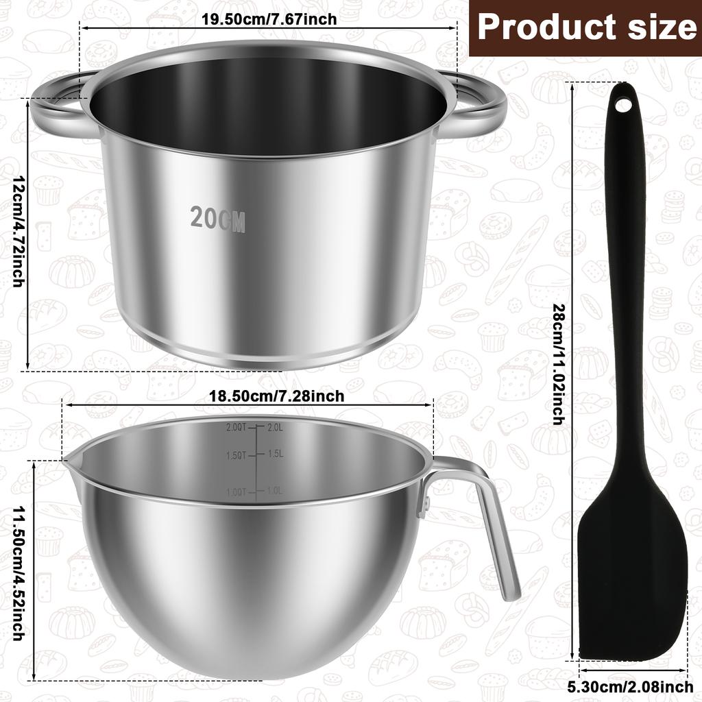 Double Boiler Pot Set with Silicone Spatula 1.82QT Chocolate Melting Pot 2.54QT Stainless Steel Pot for Melting Chocolate Candy