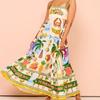 Women's Bohemian Spaghetti Strap Graffiti Print Maxi Dress, Vintage Cotton Linen Beach Swing Dress Sexy Sling Big Swing Dress