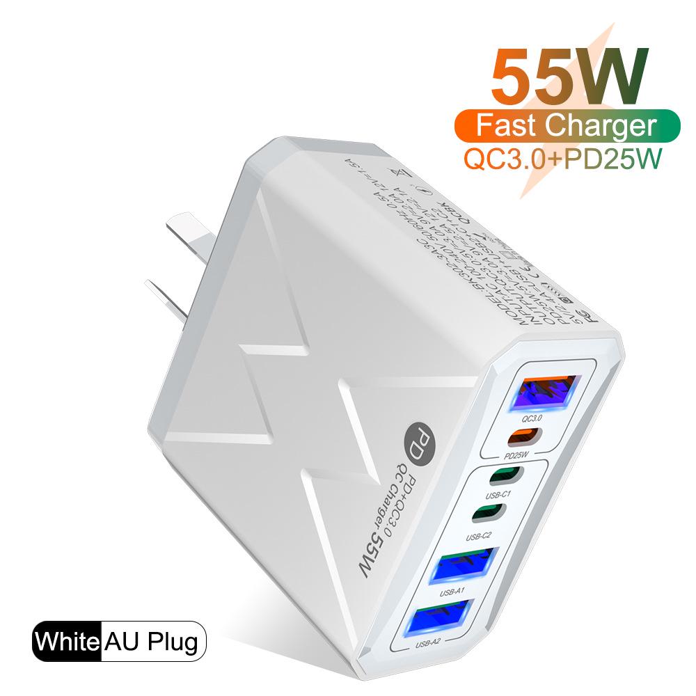 PD 25W 6-Port Fast Charger: 3 USB, 3 PD 55W with QC3.0 – EU, UK, AU Plugs