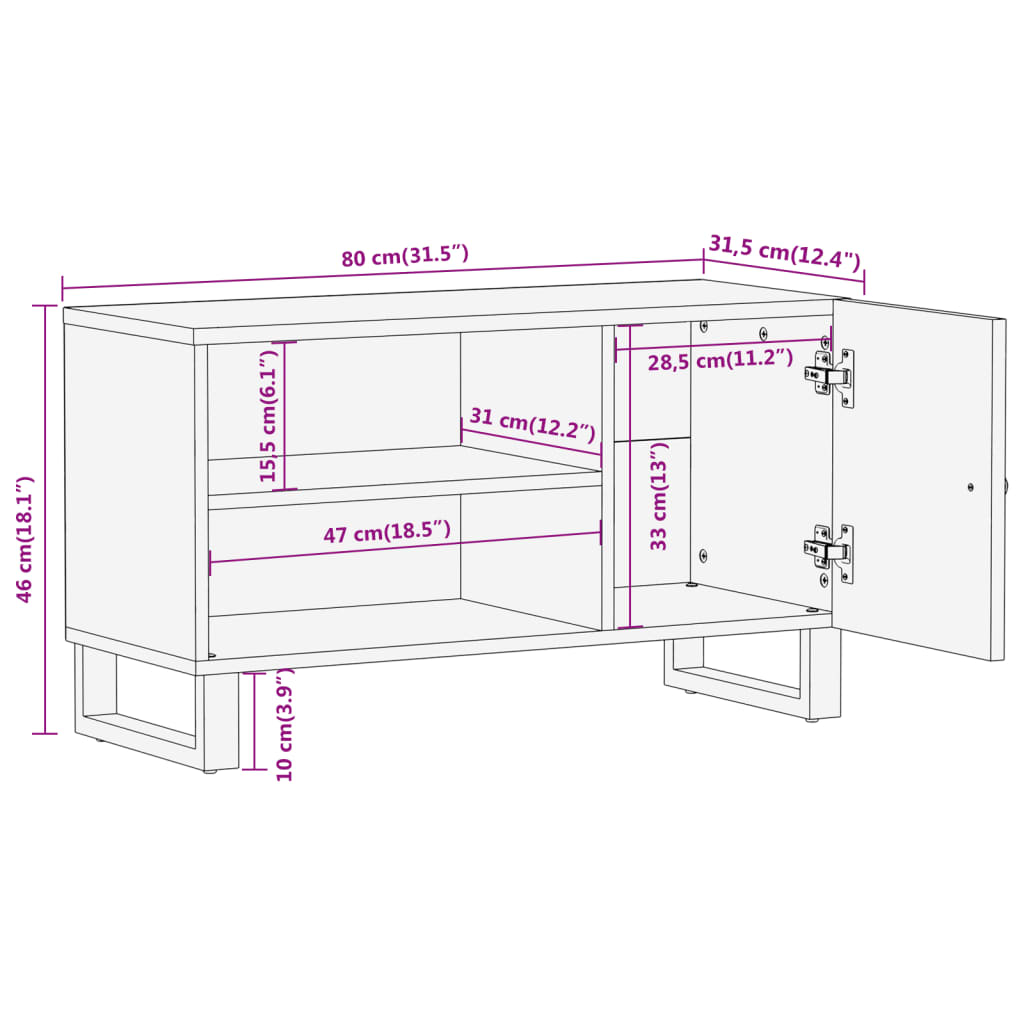 TV Cabinet Brown and Black 80 X 31.5 X 46 Cm Solid Mango Wood