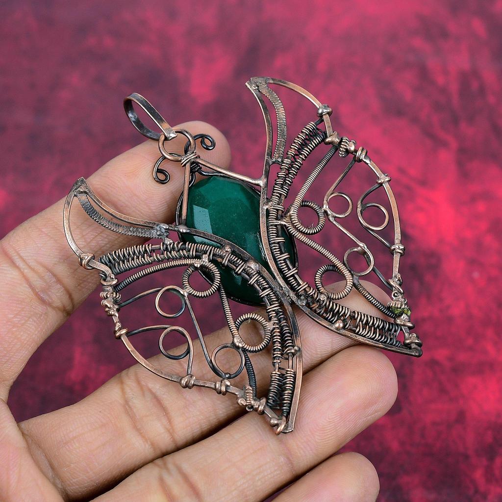 Faceted zambian emerald pendant copper wire wrapped pendant gemstone copper jewelry handmade butterfly pendant wire wrap jewelry for gifts