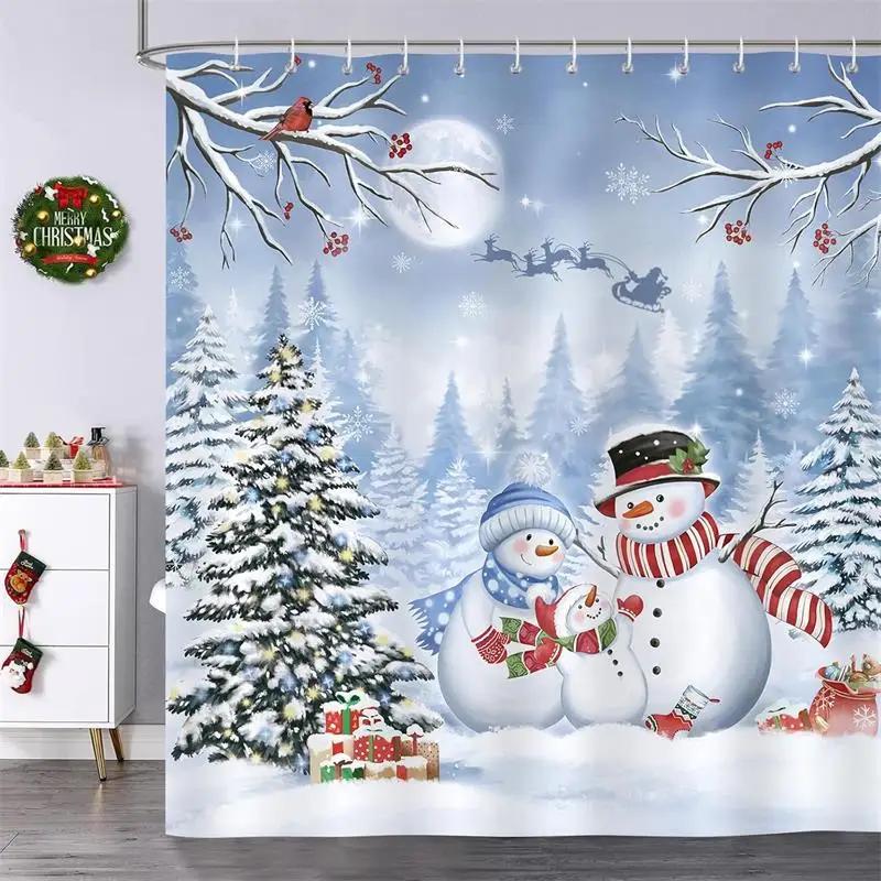 Christmas Shower Curtains Cute Elf Santa Claus Snowman Red Bird Xmas Tree Winter New Year Home Bathroom Curtain Decor With Hooks