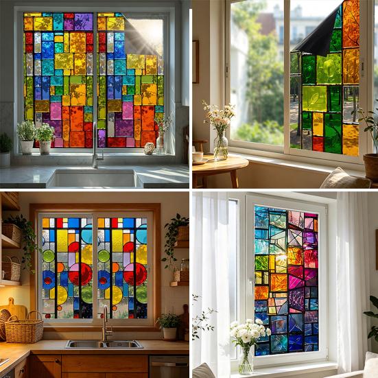 Static Cling Window Film, Full Blackout, Colorful Geometric Privacy UV Blocking, Reusable Heat Insulation Window Sticker for Home Office