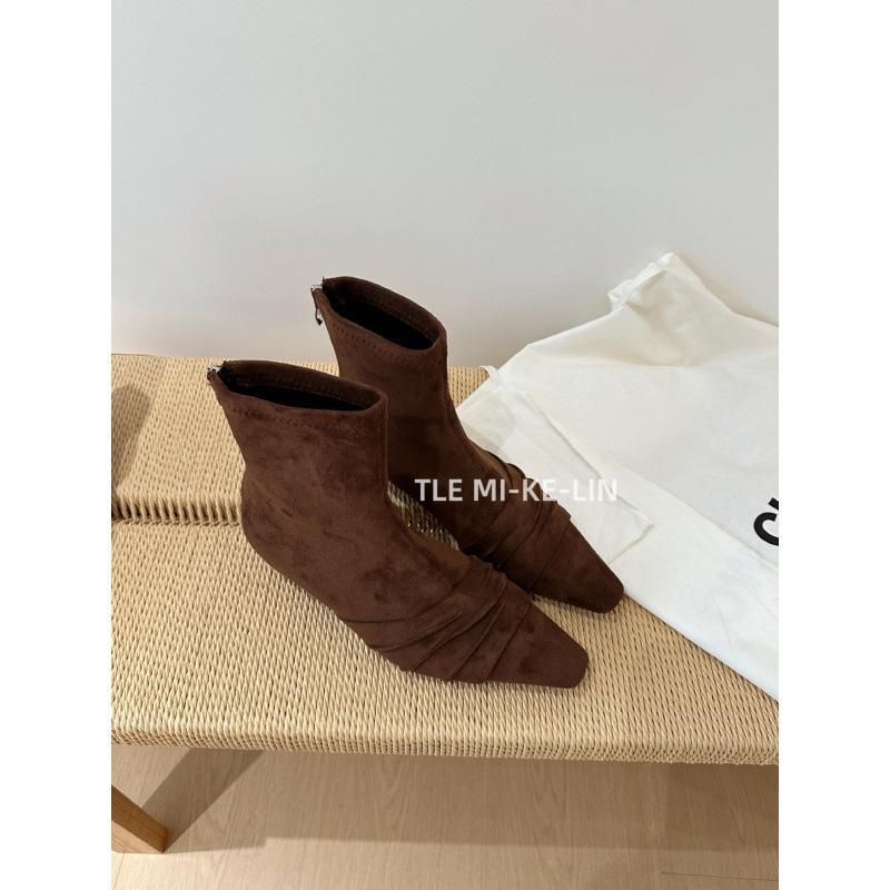 2025 Autumn and Winter New Pleated Suede Pointed Toe Heel Short Boots Women's Rear Zipper Slim Temperament and Ankle Boots Women