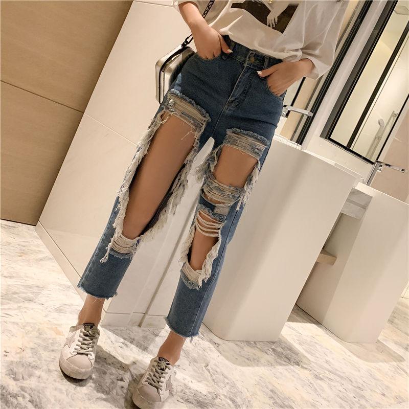 Autumn New Big Hole Large Size Jeans Women's High Waist Loose Wide Leg Pants