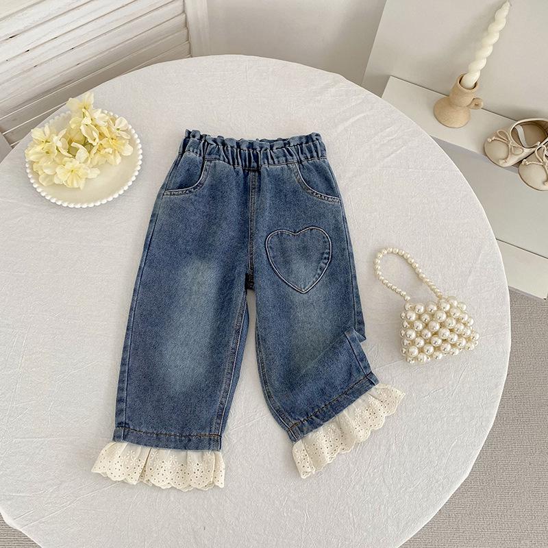 Girls' Sweet Korean Style Lace-Trim Elastic Waist Jeans