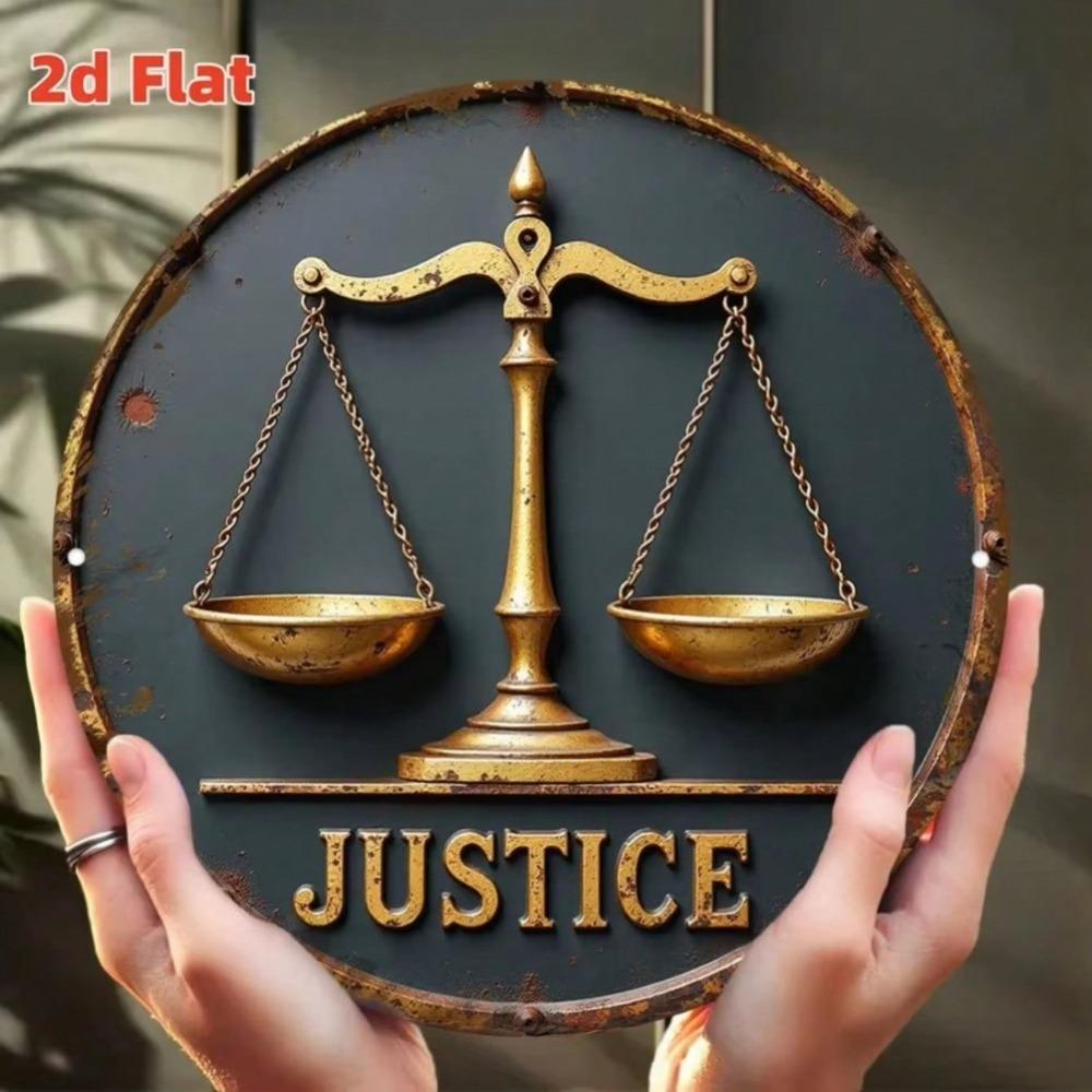 Vintage Justice Scales Metal Tin Sign Golden Sword 2D Flat Aluminum Wall Art Decor