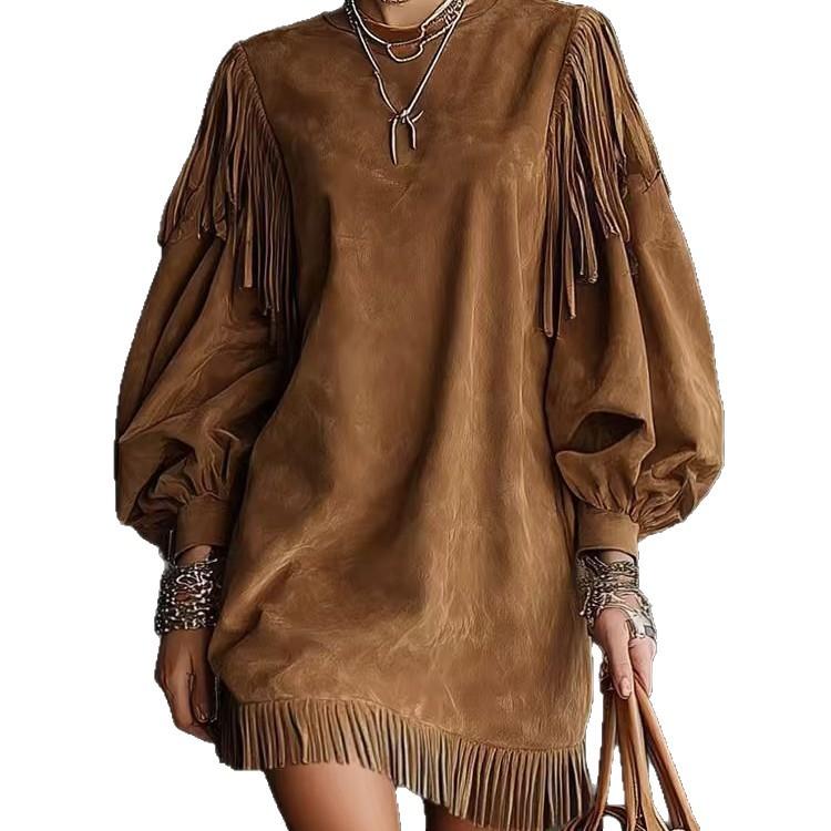 Spot  New Amazon Independent Station Round Neck Tassel Loose Lantern Sleeve Long Sleeve Solid Color Dress Short Skirt