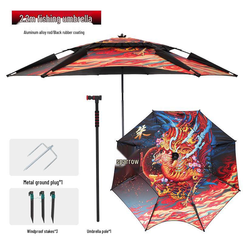 Reinforced Double-Layer Outdoor Fishing Umbrella - Large, Rainproof, Sunscreen Sunshade, with Walking Stick