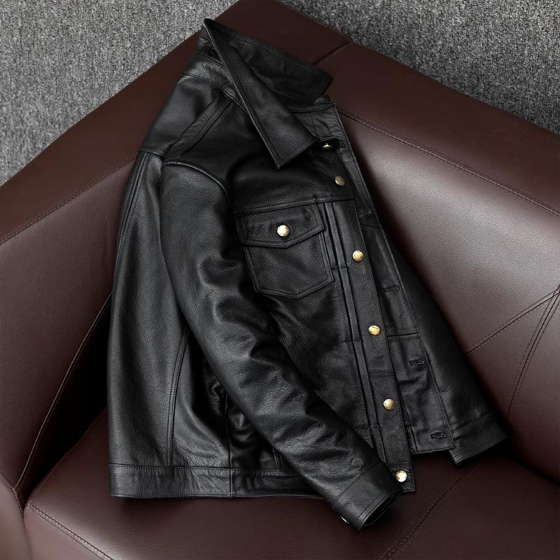 Genuine Cowhide Leather Jacket for Men Slim Fit Short Style Korean Trendy Denim Coat Casual Outfit