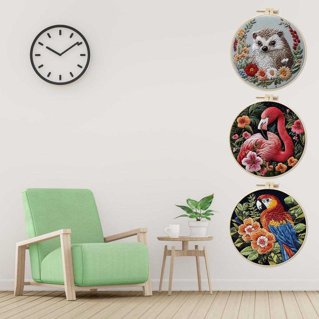IUHUI Embroidery Kit for Advanced Adults Lovely and Beautiful Animal Patterns DIY Hand Embroidery 3 Sets with 3 Hoops Hedgehog 3-Pack - (Innocent