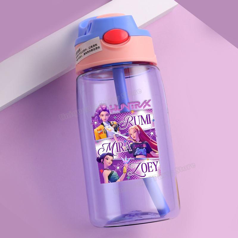 KPop Demon Hunters Kids Water Bottle Outdoors Sport Zoey Mira Rumi Girl Straw Cup Portable Plastics Drink Bottle Birthday Gift