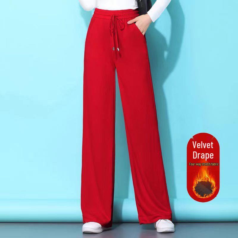 

Women s Red High-Waisted Velvet Wide-Leg Pants - Autumn/Winter Slimming & Drape Casual Dance Style XL (115-125 jin)