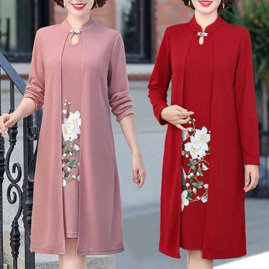 

Платье Cheongsam с цветочной вышивкой, прямое платье для матери с длинным рукавом и воротником-стойкой