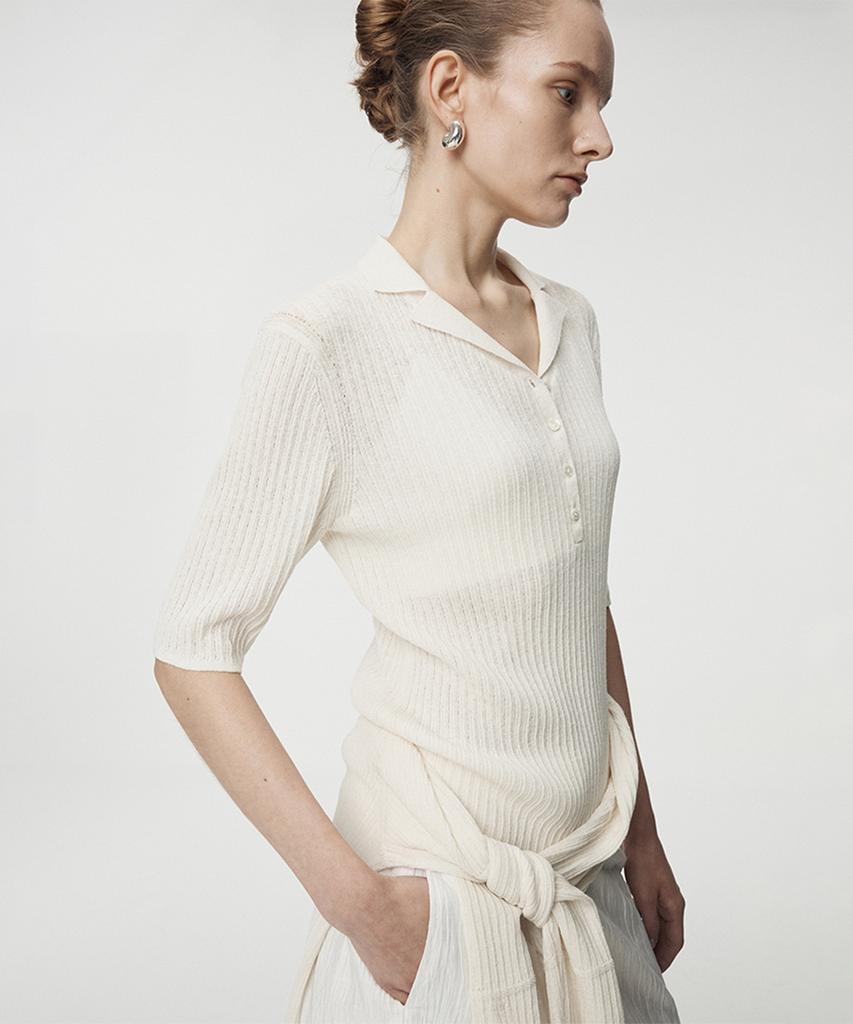 UMARMUNG Linen Cotton Ribbed Collared Pullover_Ivory