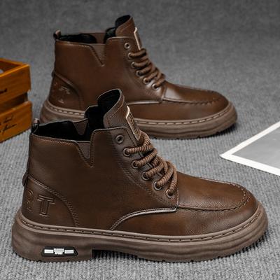 Autumn Men's Light Luxury Leather Short Boots British Casual Thick-soled High-top Leather Shoes Outdoor Tooling Locomotive Martin Boots