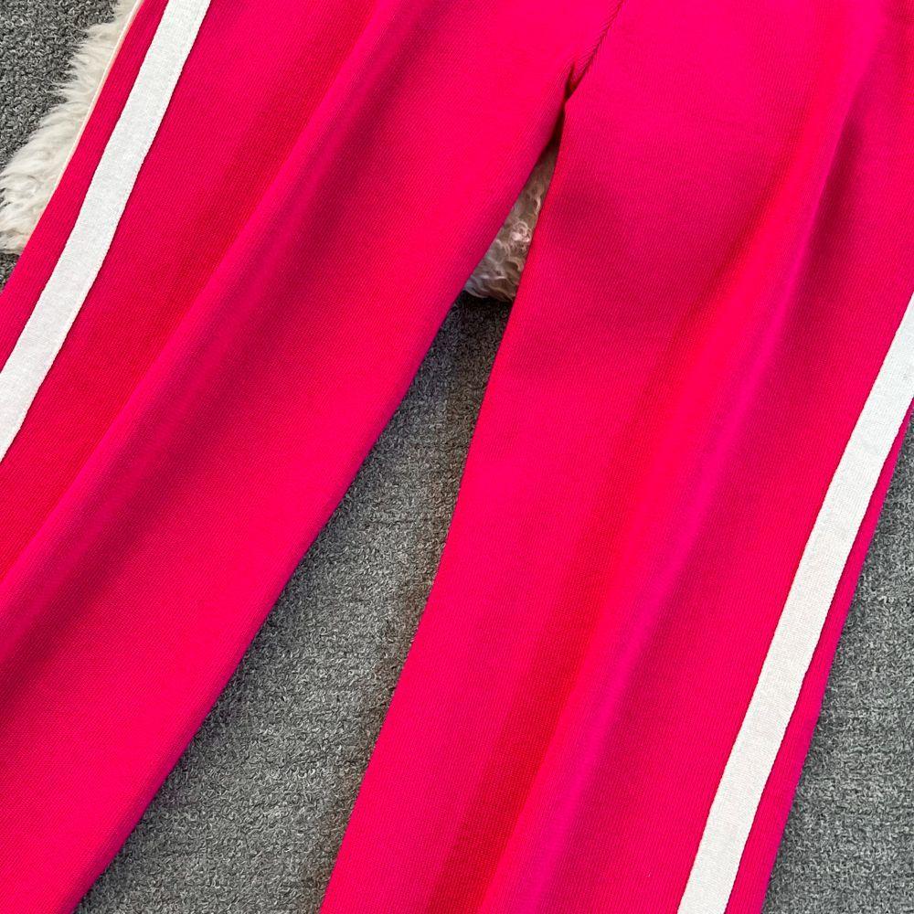 JPNTKY Fashion Set: Long-sleeved, Contrasting Color, V-neck Knitted Cardigan, Two-piece Set, High-waisted, Straight-leg, Wide-leg Pants