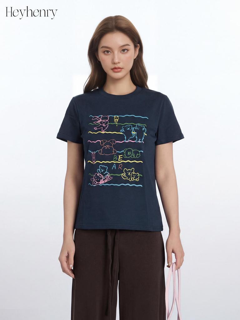 HeyHenry Women's Summer 2025 Cotton Print Short Sleeve T-shirt - Versatile Round Neck Casual Top