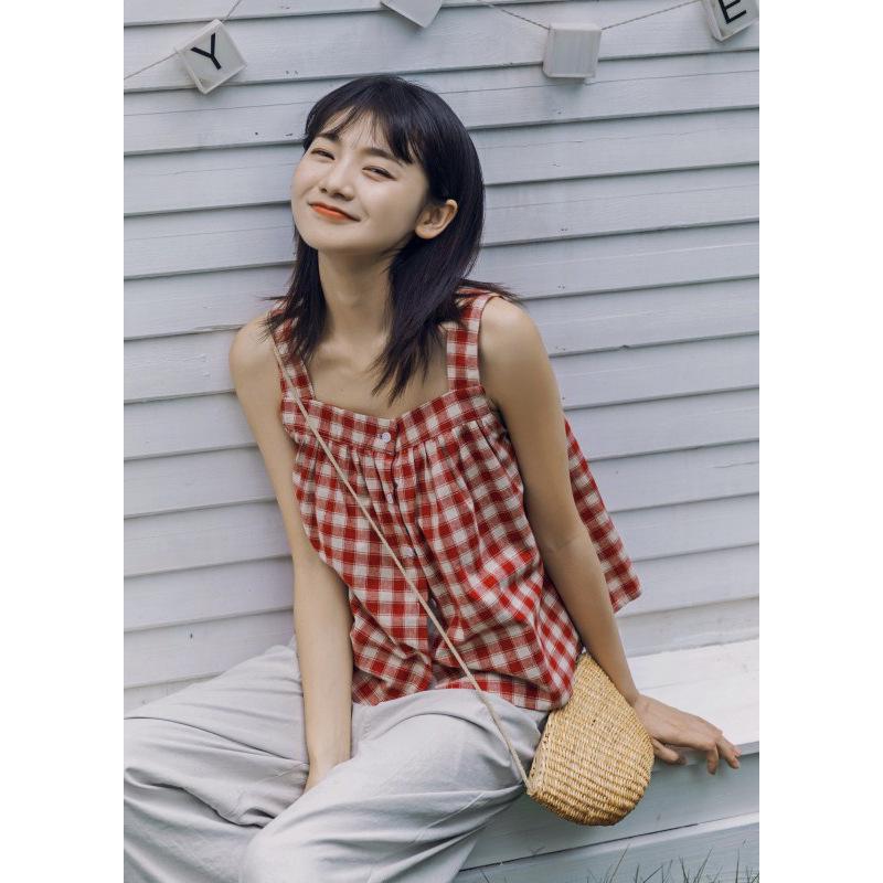 Japanese Style Fresh & Sweet Cotton Linen Plaid Camisole Vest for Women - Summer Loose Fit Top